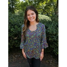 Erma's Closet Purple, Green and Blue Swirl Uneck Top